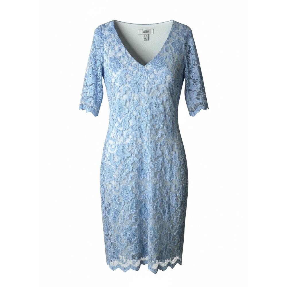 Belle by Badgley Mischka Light Blue Floral Lace Sheath Dress Scallop Trim Size 2